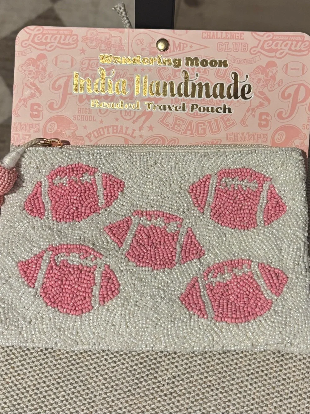 Handmade Pink Beaded Travel Pouch - Pink and White